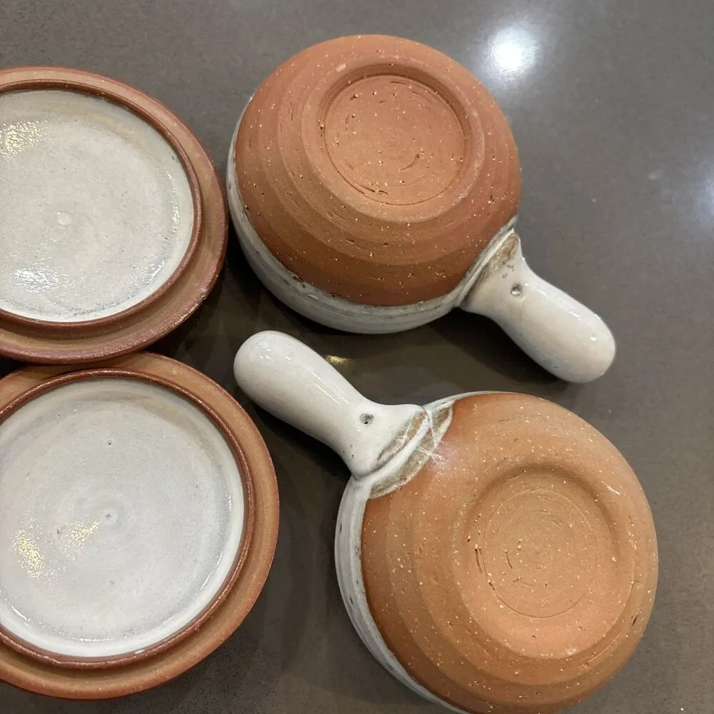 Set 2 Clay Pottery Covered Bean Pot Soup Bowl Crock Glazed Set 2 W Lids